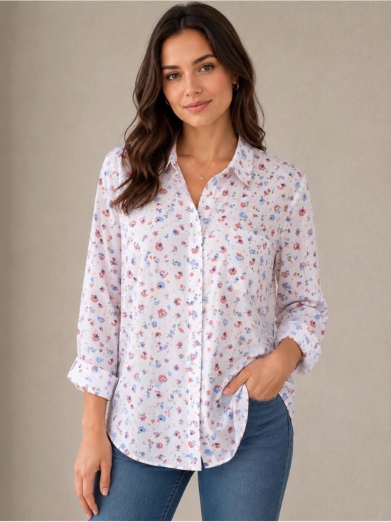 L.L. Bean Tops - L.L. Bean Wrinkle Free White Button-Down Shirt with Pink & Blue Floral Print